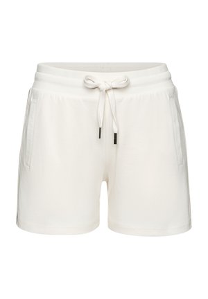 White cotton shorts with an elastic waistband, drawstring closure, and two side pockets. Smooth texture with no visible patterns or prints.