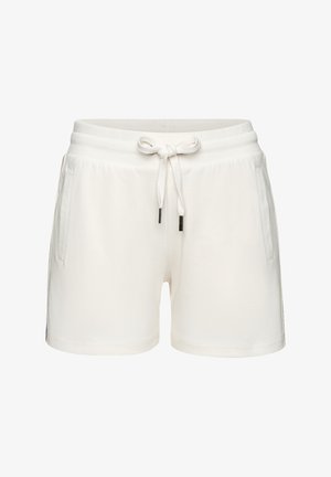 White cotton shorts with an elastic waistband, drawstring closure, and two side pockets. Smooth texture with no visible patterns or prints.