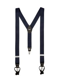 Marineblaue Hosenträger mit Y-förmigem Design, Stoffriemen, Lederakzenten und silbernen Metallverschluss für die Befestigung.