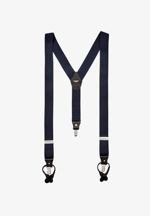 Marineblauwe bretels met een Y-vormig ontwerp, stoffen banden, leren accenten en zilveren sloten voor bevestiging.