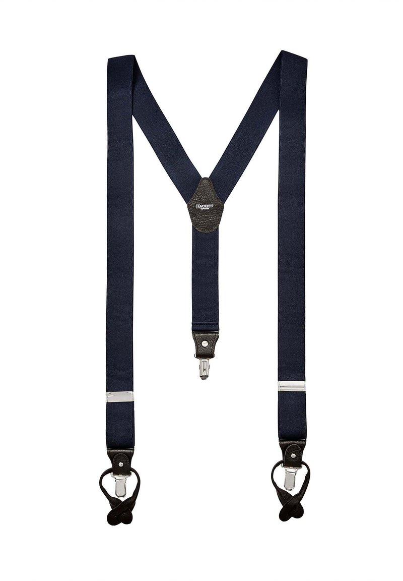 Marineblaue Hosenträger mit Y-förmigem Design, Stoffriemen, Lederakzenten und silbernen Metallverschluss für die Befestigung.