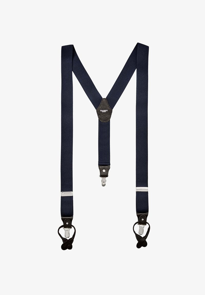 Marineblaue Hosenträger mit Y-förmigem Design, Stoffriemen, Lederakzenten und silbernen Metallverschluss für die Befestigung.