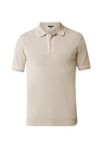 Béžové polo tričko vyrobené z měkké pleteniny. Obsahuje klasický límec, zapínání na tři knoflíky a kontrastní bílý lem na rukávech a límci.
