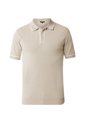 Beżowa koszulka polo wykonana z miękkiej dzianiny. Posiada klasyczny kołnierzyk, zapięcie na trzy guziki oraz kontrastowe białe wykończenia na rękawach i kołnierzyku.
