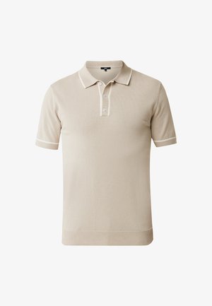 Beżowa koszulka polo wykonana z miękkiej dzianiny. Posiada klasyczny kołnierzyk, zapięcie na trzy guziki oraz kontrastowe białe wykończenia na rękawach i kołnierzyku.