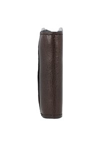 Slim dark brown leather wallet standing upright against a white background, with visible stitching on edges.