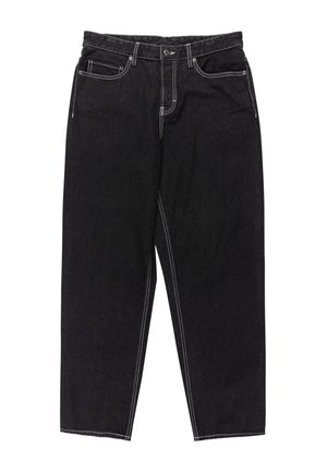 Black straight-leg jeans with white contrast stitching, front button, zipper fly, and five-pocket design.
