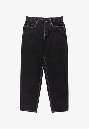 Jeans neri a gamba dritta con cuciture a contrasto bianche, chiusura con bottone frontale, zip e design a cinque tasche.