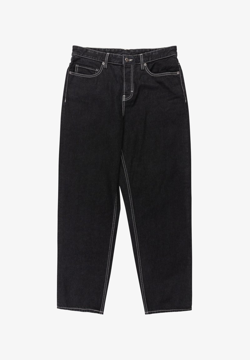 Vaqueros negros de pierna recta con costuras en contraste blancas, botón frontal, cremallera y diseño de cinco bolsillos.