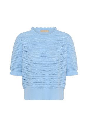 Svetlo modra kratka pletena majica s teksturiranimi vodoravnimi črtami in valovitimi robovi na ovratniku ter manšetah rokavov.