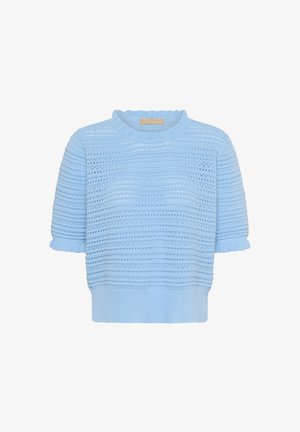 Hellblauer kurzärmeliger Strickpullover mit strukturierten horizontalen Streifen und gewellten Rändern am Kragen und an den Ärmelbündchen.