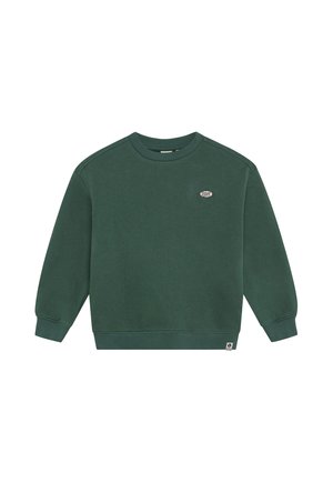 Sweat-shirt vert foncé à manches longues avec col rond, poignets côtelés et deux petits logos de marque sur la poitrine et l'ourlet.