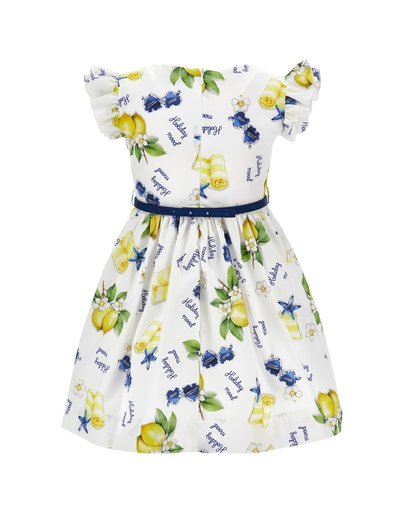 Fehér lányruha citrom, napszemüveg, tengeri csillag és „Holiday mood” feliratokkal, fodros ujjak és vékony tengerészkék öv derékrészen.