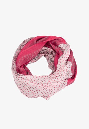 Écharpe infinie rose et blanche avec des motifs variés incluant des pois, des fleurs et des dessins en zigzag, présentée sur un fond blanc.
