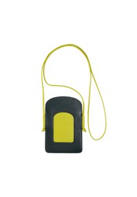 Sac bandoulière en cuir noir avec une poche avant jaune vif et une sangle jaune ajustable. Texture lisse avec des bords arrondis.
