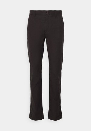 Pantaloni din bumbac negri cu un design cu picior drept, având închidere cu nasture și detalii simple de cusătură. Textură netedă și casual.