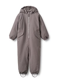 Salopetă izolată gri cu glugă, manșete elastice, două buzunare laterale și fermoar frontal. Confecționată dintr-un material rezistent la intemperii.