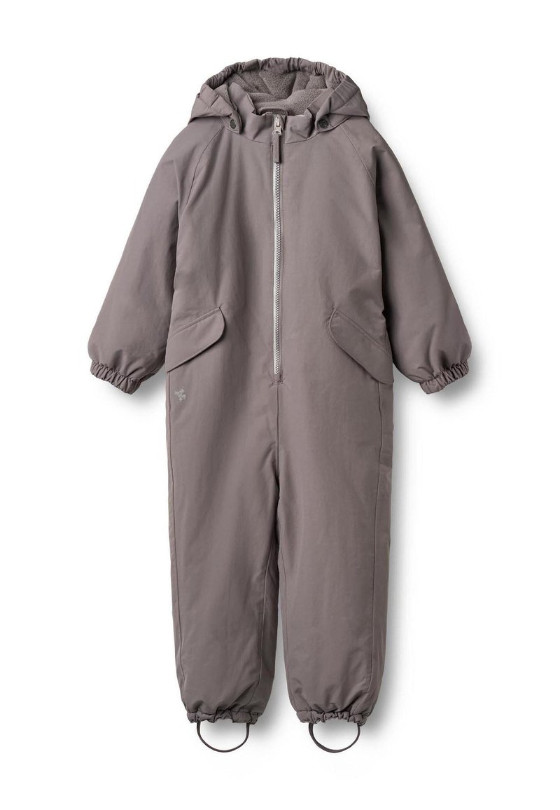 Salopetă izolată gri cu glugă, manșete elastice, două buzunare laterale și fermoar frontal. Confecționată dintr-un material rezistent la intemperii.