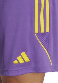 Paarse sportshorts met een gele drie-stripe ontwerp en logo. Bevat een mesh zakdetail in een patroonstof. Glad textuur.