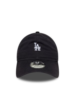 Black adjustable cap made of cotton, featuring white embroidered "LA" logo on the front and a curved brim. Classic 9TWENTY design.