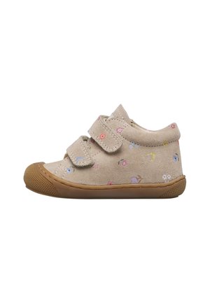 Scarpa beige per bambino con motivo floreale, due cinturini regolabili in Velcro e suola e puntale in gomma marrone testurizzata.