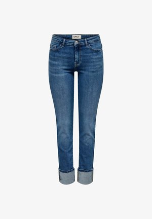 Slim-fit blauwe jeans met zijzakken, knoop- en ritssluiting, en omgeslagen pijpen aan de zoom.