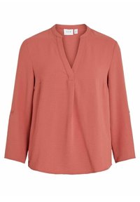 Blusa a maniche lunghe color pesca con scollatura a V, texture sottile e polsini con bottoni. Vestibilità casual, realizzata in tessuto leggero e morbido.