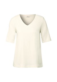 Haut blanc à manches courtes avec un décolleté en V et une surface texturée. Design simple avec une coupe décontractée et un ourlet droit.