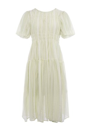 Light green midi dress with puff sleeves, gathered waist, and vertical lace and dot patterns on sheer fabric.