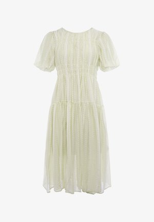 Vestito midi verde chiaro con maniche a sbuffo, vita raccolta e motivi verticali di pizzo e pois su tessuto trasparente.