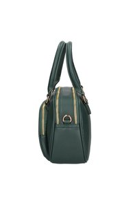 Borsa a tracolla verde in pelle con due manici superiori, zip dorate e forma strutturata. Presenta una texture liscia e un dettaglio in metallo circolare.