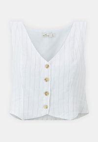 White sleeveless top with a V-neck, featuring vertical blue stripes, five gold buttons down the front, and a cropped hem.