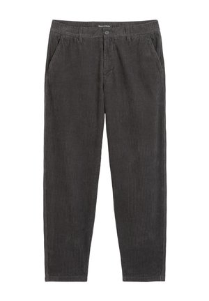 Donkergrijze corduroy broek met verticale ribbelstructuur, zijzakken en een knoopsluiting. Recht model.
