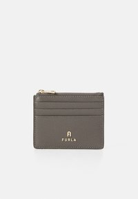 Compact gray leather card holder with zippered coin pocket, multiple card slots, and gold Furla logo on front.