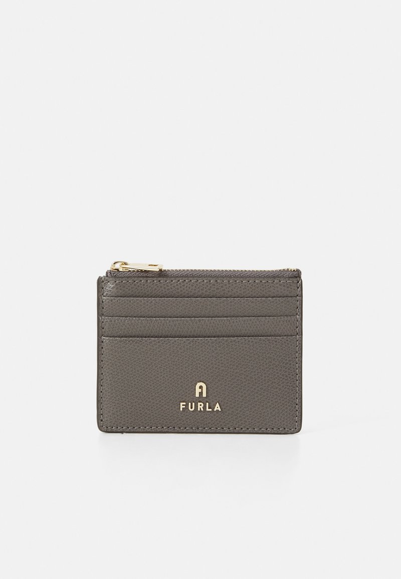 Compact gray leather card holder with zippered coin pocket, multiple card slots, and gold Furla logo on front.