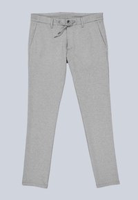 Light gray slim-fit pants with front pockets, belt loops, a button, zipper fly, and a drawstring waistband.