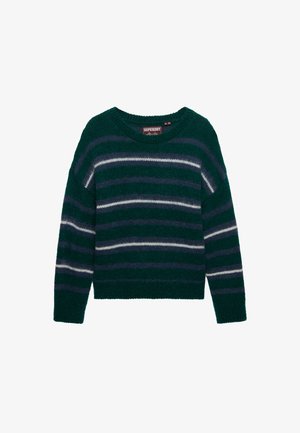 Zielony sweter w paski w odcieniach niebieskiego, białego i szarego. Posiada szeroki dekolt i luźne rękawy. Wykonany z miękkiego, teksturowanego dzianiny.