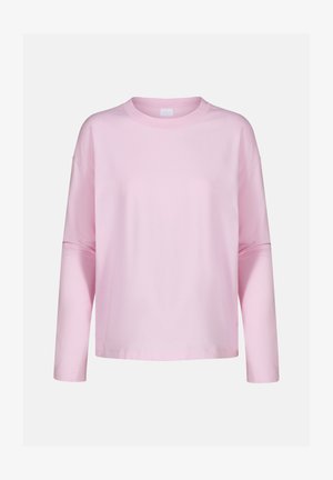 T-shirt à manches longues rose clair fabriqué en coton doux, avec un col rond, une coupe décontractée et un design basique sans motifs ni accents.
