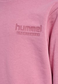 Rosa Sweatshirt aus weichem Stoff, mit erhabenem "hummel"-Logo und dem Schriftzug "SPORTSWEAR" in einer kontrastierenden Farbe. Einfaches Design.