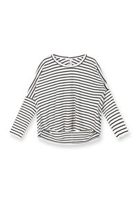 Camiseta de manga larga a rayas en blanco y negro, con un escote redondeado, ajuste relajado y un dobladillo ligeramente cropped con aberturas laterales.