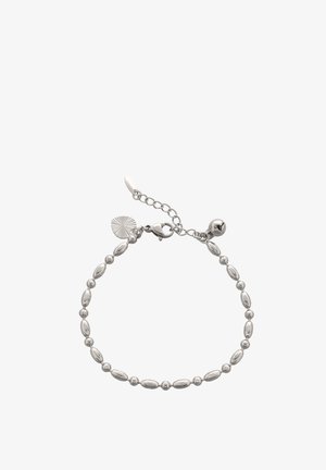 Silberarmband mit abwechselnden ovalen und runden Perlen, mit einem Verschluss und einer verstellbaren Kette, umfasst einen dekorativen Anhänger mit Sonnenstrahlenmuster.