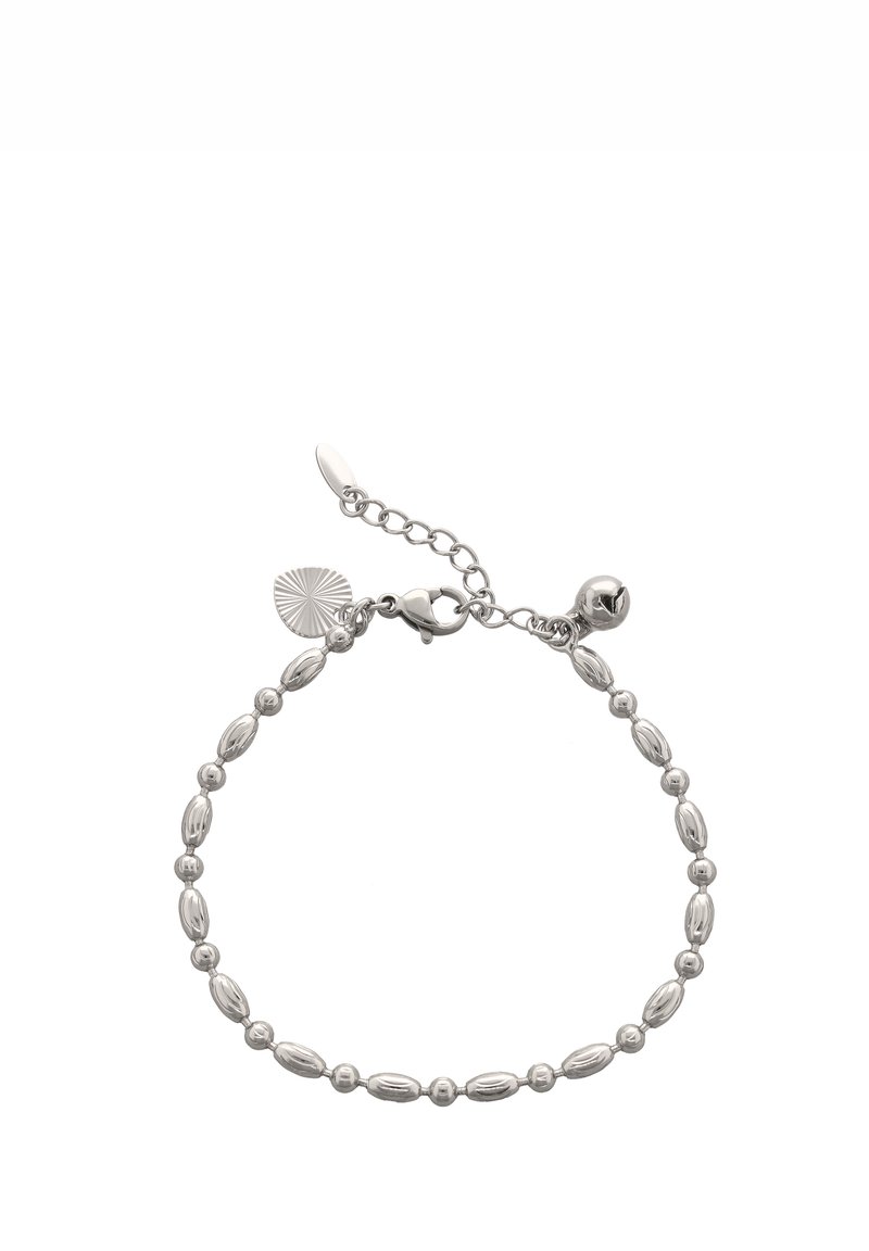 Stříbrný náramek s alternativními oválnými a kulatými korálky, vybavený zapínáním a nastavovací chainou, obsahuje dekorativní přívěsek se vzorem slunečního paprsku.