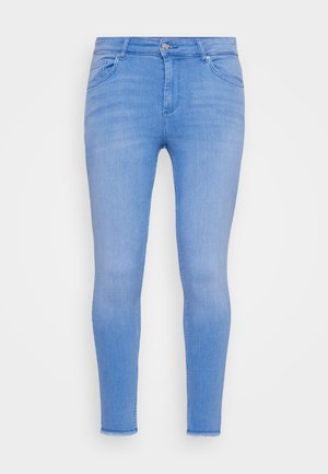 Světlé modré skinny džíny z denimu s klasickým pětipocket designem, předním zapínáním na knoflík a bez viditelného opotřebení nebo vzorů.