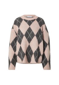 Zachte breiselsweater met een oversized pasvorm, voorzien van een groot roze en donkergrauw ruitpatroon en een geribde ronde hals.