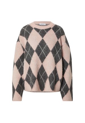 Zachte breiselsweater met een oversized pasvorm, voorzien van een groot roze en donkergrauw ruitpatroon en een geribde ronde hals.