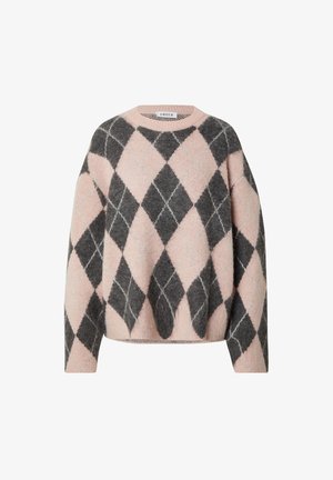 Zachte breiselsweater met een oversized pasvorm, voorzien van een groot roze en donkergrauw ruitpatroon en een geribde ronde hals.