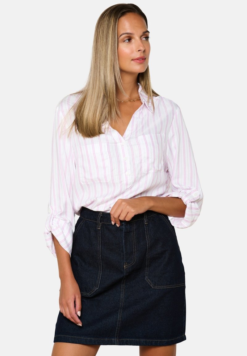 White button-up shirt with pink stripes, paired with a high-waisted dark denim skirt featuring front pockets and visible stitching details.