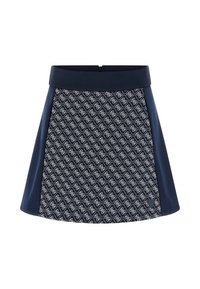 Granatowa spódnica wykonana z teksturowanej tkaniny z białym geometrycznym wzorem. Pas w talii jest jednolicie granatowy, a spódnica ma rozkloszowany krój.