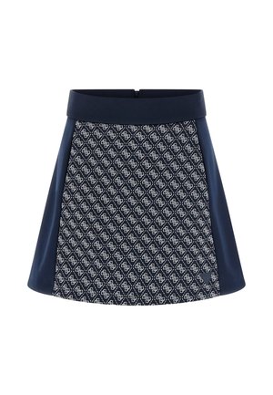 Granatowa spódnica wykonana z teksturowanej tkaniny z białym geometrycznym wzorem. Pas w talii jest jednolicie granatowy, a spódnica ma rozkloszowany krój.