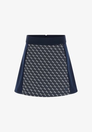 Granatowa spódnica wykonana z teksturowanej tkaniny z białym geometrycznym wzorem. Pas w talii jest jednolicie granatowy, a spódnica ma rozkloszowany krój.